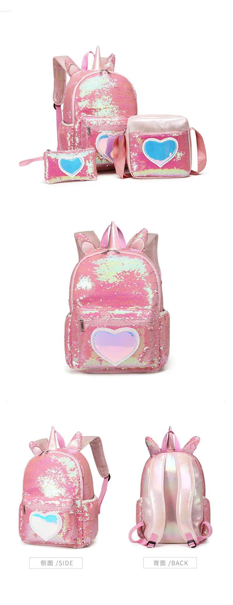 3pcs/set Sequins Unicorn Backpack Fashion Girl Glitter School Book Bag Girls Cute Hologram Laser PU Leather Travel Backpacks - AIAZ