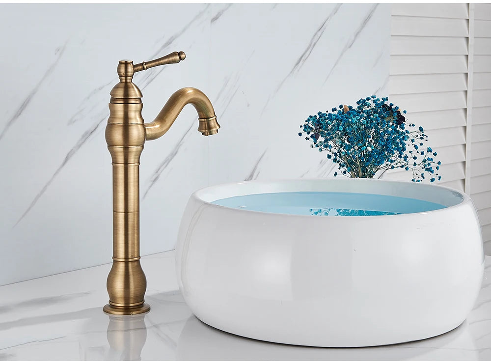 POIQIHY Antique Brass Basin Vessel Sink Faucet Deck Mounted One Hole Cold Hot Water Cold Hot Mixer Tap Bathroom Faucet  1 Hole