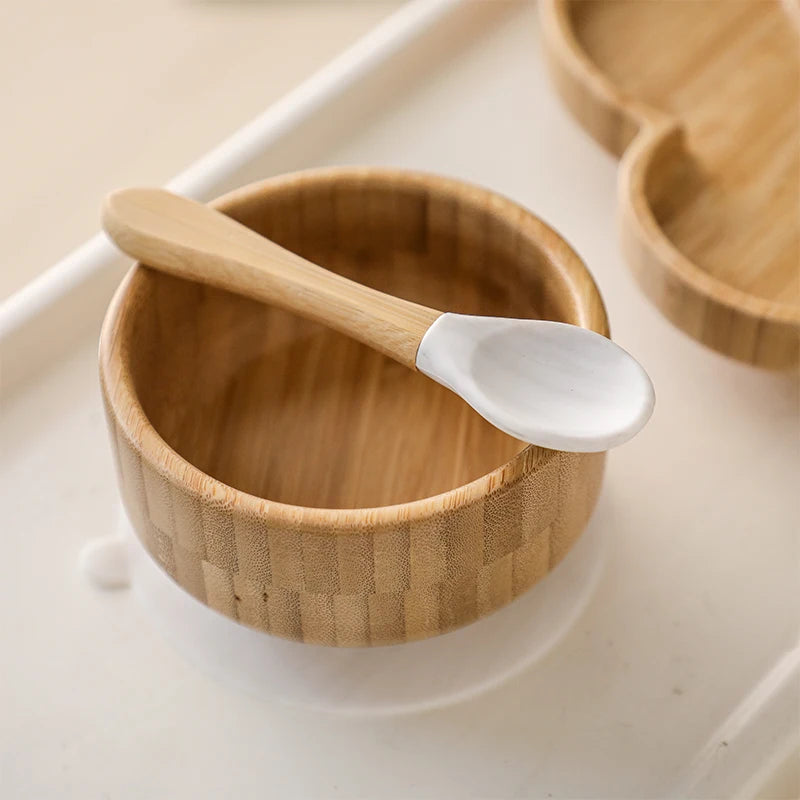 Baby Feeding Bowl Food Tableware Kids Wooden Training Plate Silicone Suction Cup Removable Wooden Fork Spoon Children's Dishes