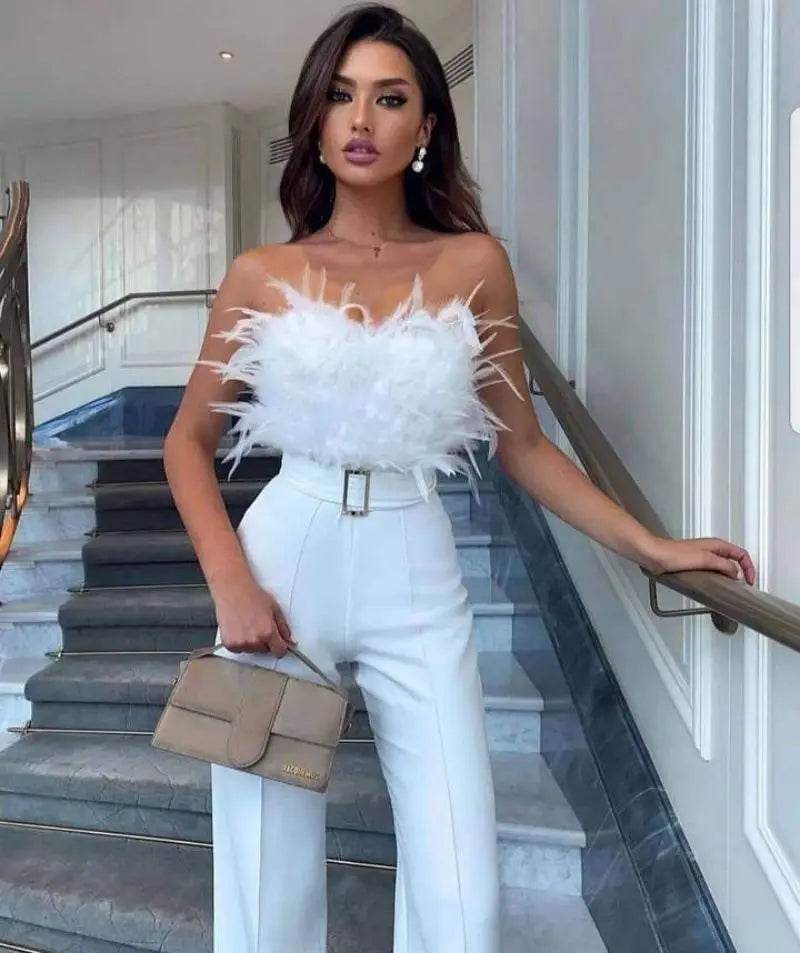 Jumpsuit Women Elegant Long Jumpsuit Strapless Slash Neck Feather Tube Top Sexy Fashion Party Night Evening Jumpsuit 2021 Summer - AIAZ