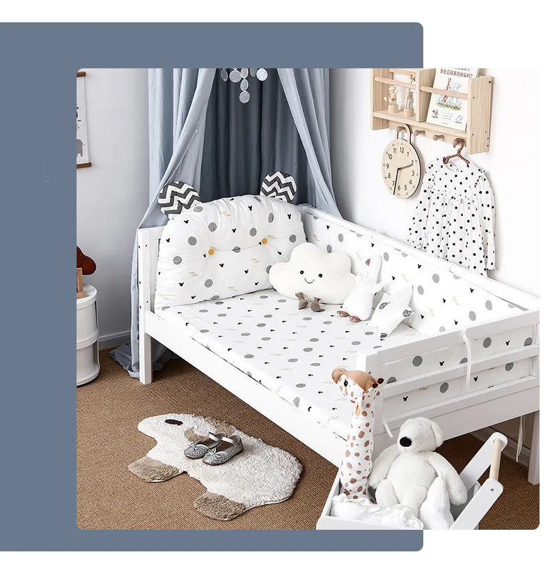 4Pcs Baby Bedding Set Cotton Cartoon Bear Head Crib Bed Protector Bumper Newborns Sheet Child Bed Baby Washable Cot Bedding Set