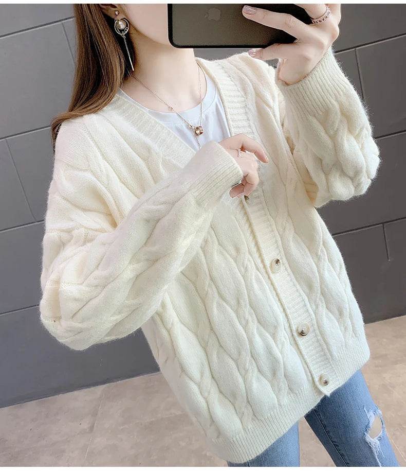 Women's Knitted Cardigan Sweater Loose Fashion New Autumn And Winter Western Style Casual Jacket Coat Women - AIAZ