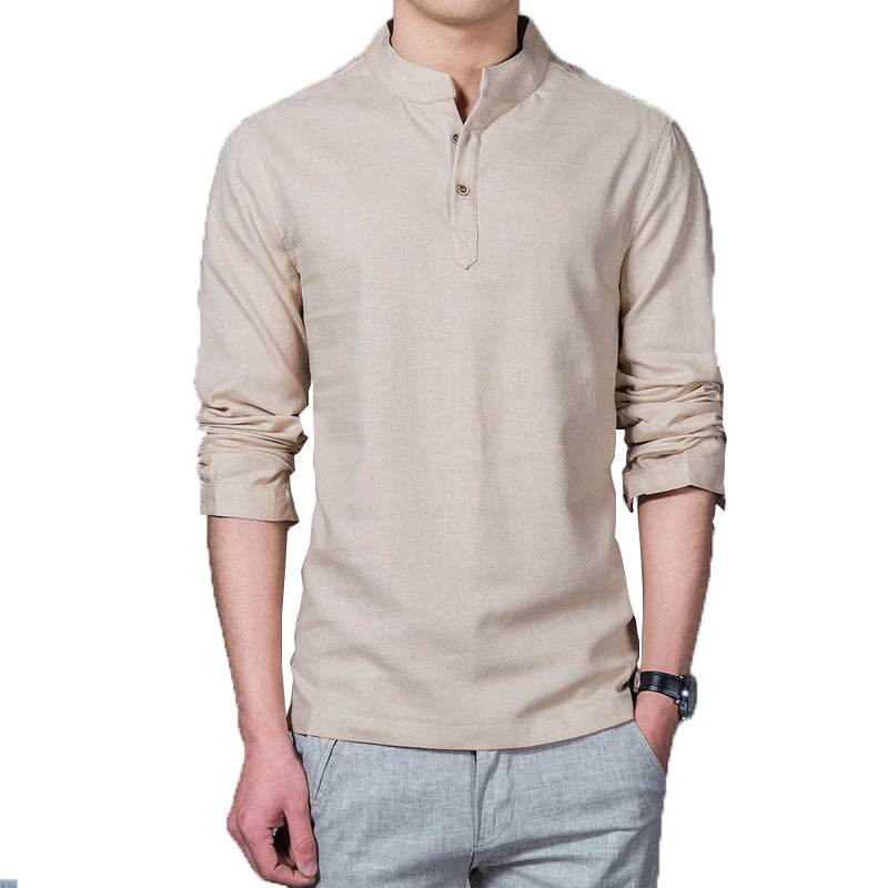 Men's Clothing Men Spring Tops & Tees Male Fashion T-Shirts Stand Collar Long-sleeved Slim Base Shirt Homme Linen t-shirt - AIAZ