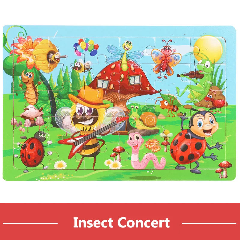 30Pieces Montessori Baby Toys Wooden 3d Puzzle Cartoon Animal Vehicle Cognition Wood Puzzle Learning Educational Toys for Kids
