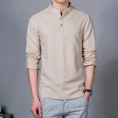 Men's Clothing Men Spring Tops & Tees Male Fashion T-Shirts Stand Collar Long-sleeved Slim Base Shirt Homme Linen t-shirt - AIAZ