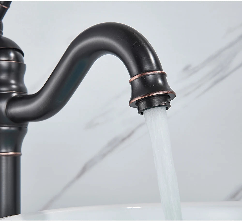 POIQIHY Antique Brass Basin Vessel Sink Faucet Deck Mounted One Hole Cold Hot Water Cold Hot Mixer Tap Bathroom Faucet  1 Hole