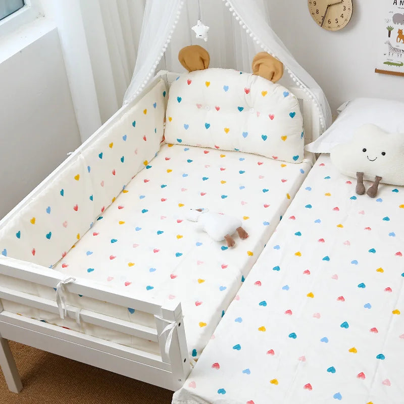 4Pcs Baby Bedding Set Cotton Cartoon Bear Head Crib Bed Protector Bumper Newborns Sheet Child Bed Baby Washable Cot Bedding Set