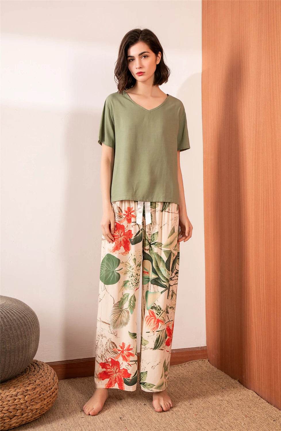 Breathable 2PCS Pajama Short Sleeve Printed Pijama Mujer Femme Loose Nightwear Suit Female Casual Homewear Pajama Set For Women - AIAZ