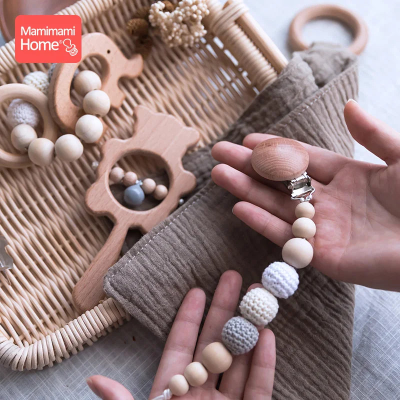 1 Set Baby Wooden Teether Crochet Beads Pacifier Chain Clip Wood Elephant Teething Bracelet Music Rattle Montessori Baby Product