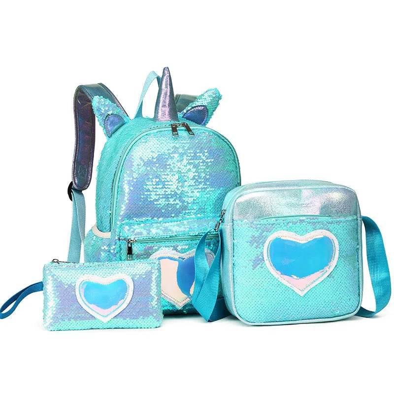 3pcs/set Sequins Unicorn Backpack Fashion Girl Glitter School Book Bag Girls Cute Hologram Laser PU Leather Travel Backpacks - AIAZ