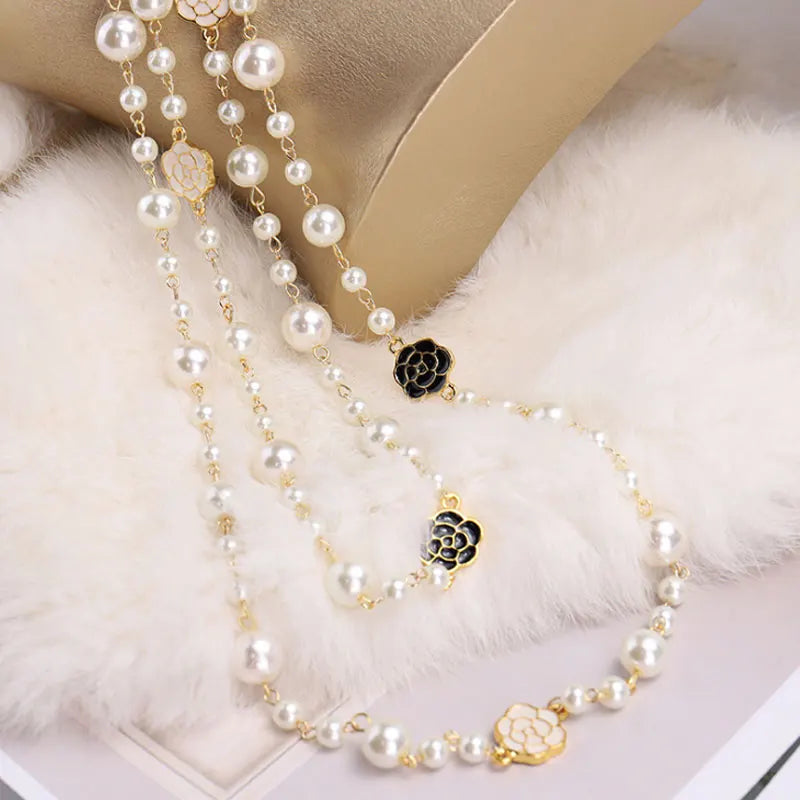 Rose Flower Pearls Long Sweater Necklace Jewelry Camellia Design Wedding Woman Sweater chain Necklace