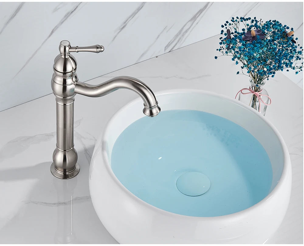 POIQIHY Antique Brass Basin Vessel Sink Faucet Deck Mounted One Hole Cold Hot Water Cold Hot Mixer Tap Bathroom Faucet  1 Hole