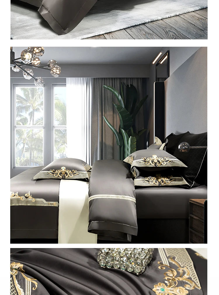 Premium High End Grey 1000TC Egyptian Cotton Soft Bedding set Chic Embroidery Queen King 4/6Pcs Duvet Cover Bed Sheet Pillowcase