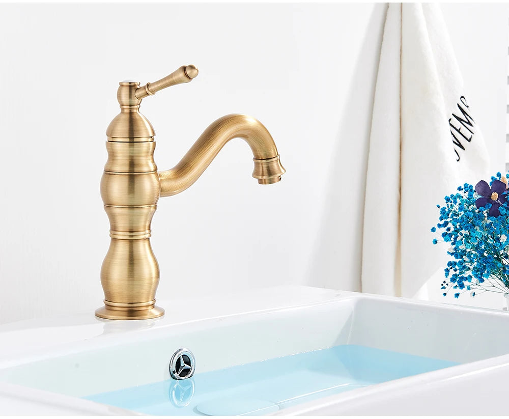 POIQIHY Antique Brass Basin Vessel Sink Faucet Deck Mounted One Hole Cold Hot Water Cold Hot Mixer Tap Bathroom Faucet  1 Hole