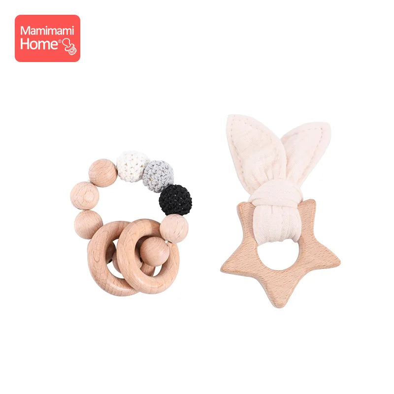1 Set Baby Wooden Teether Crochet Beads Pacifier Chain Clip Wood Elephant Teething Bracelet Music Rattle Montessori Baby Product