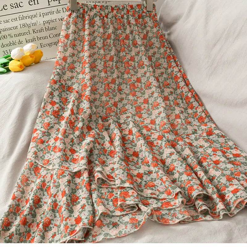 Skirts Women High Waist All-match Fashion Elegant Female Chiffon Flower Lovely Irregular Hem Ruffles Chic Streetwear Leisure - AIAZ