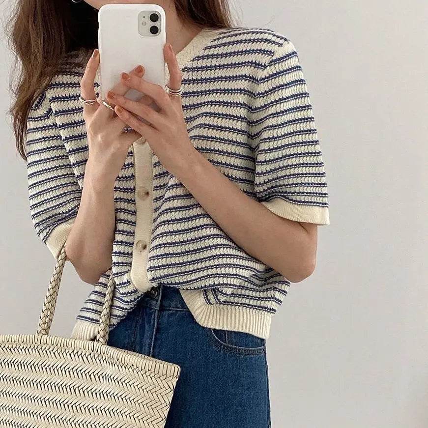 Cardigan Women Summer Breathable Elegant Striped Trendy New Single Breasted Short Sleeve Knitted Jumpers Female O-neck Tender BF - AIAZ