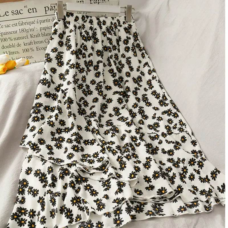 Skirts Women High Waist All-match Fashion Elegant Female Chiffon Flower Lovely Irregular Hem Ruffles Chic Streetwear Leisure - AIAZ