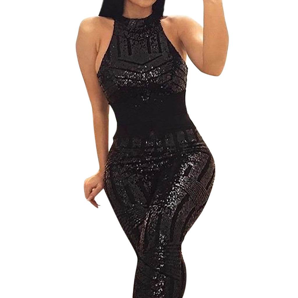 Sequin Off Shoulder Women Jumpsuit O-neck Sleeveless Casual Jumpsuits Rompers Sexy Clubwear Party Playsuits Combinaison Femme - AIAZ