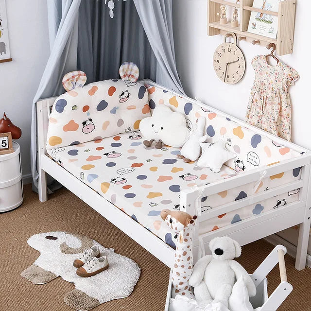 4Pcs Baby Bedding Set Cotton Cartoon Bear Head Crib Bed Protector Bumper Newborns Sheet Child Bed Baby Washable Cot Bedding Set