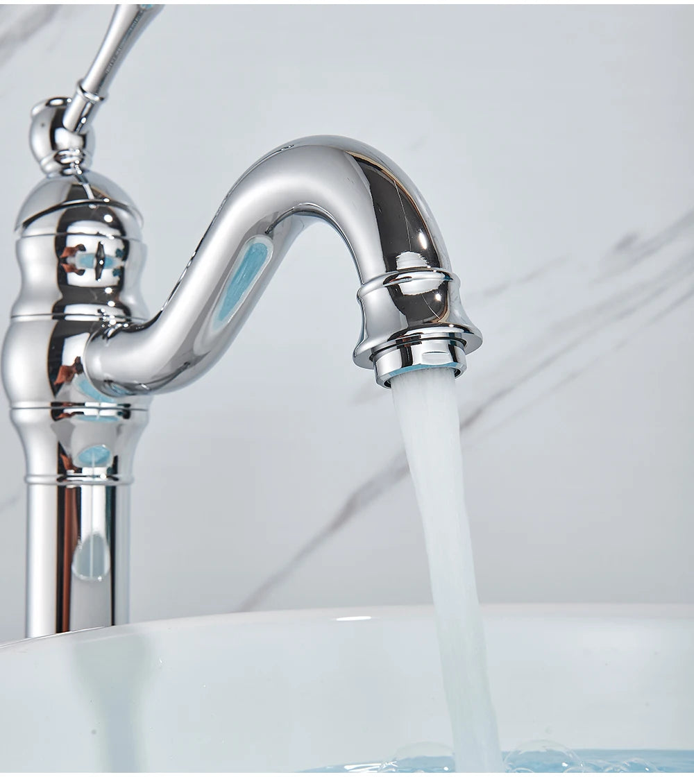 POIQIHY Antique Brass Basin Vessel Sink Faucet Deck Mounted One Hole Cold Hot Water Cold Hot Mixer Tap Bathroom Faucet  1 Hole