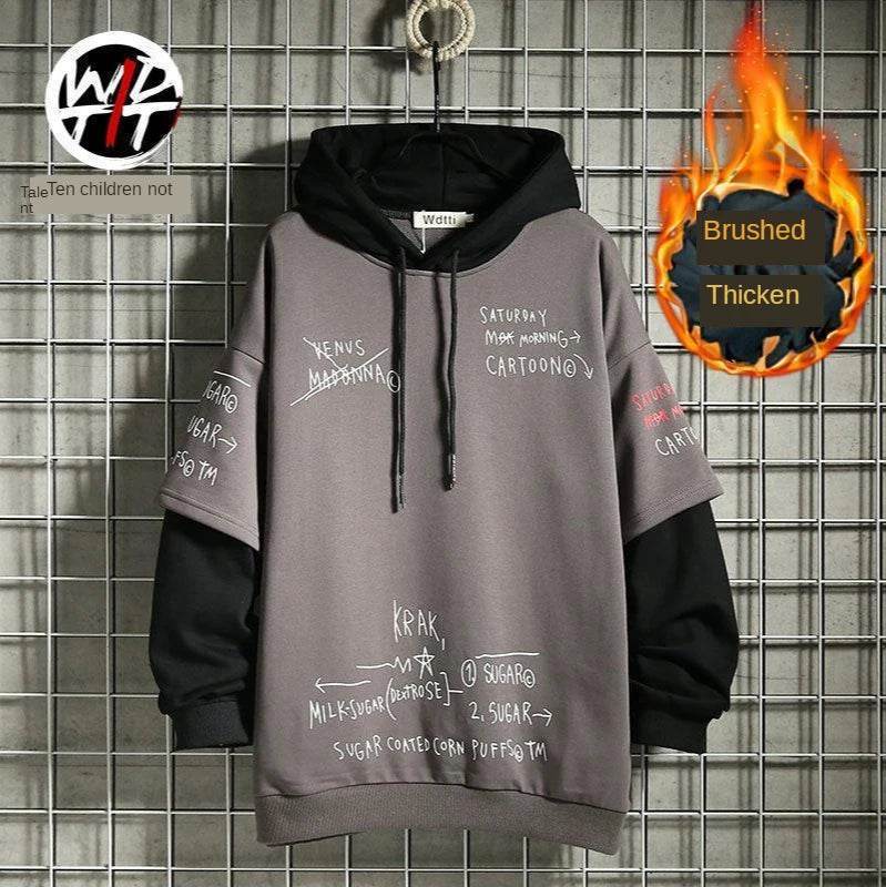 Spring /Autumn Men's Sweater Retro Mock Two-Piece Hooded Korean Hip Hop Print Sweatshirt Loose Hoodie Male Fleece Padded Jacket - AIAZ