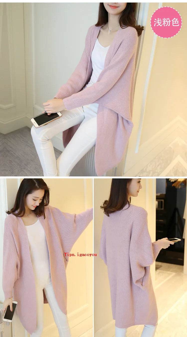 2023 Long Cardigan Women Sweater Autumn Winter Bat Sleeve Knitted Sweater Femme Jacket Loose Ladies Sweaters Cardigans New - AIAZ