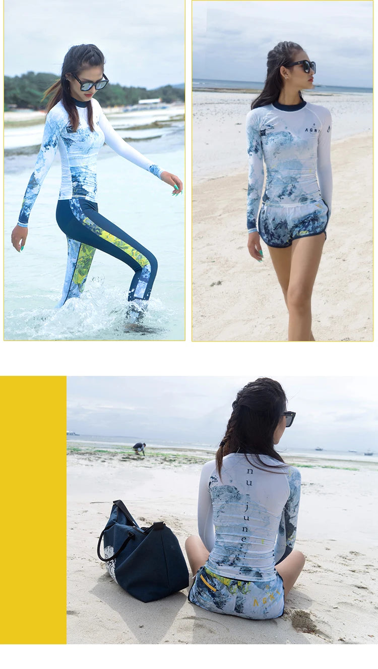 Nu-June Women Long Sleeve Rashguard Swimwear Print Surfing Top Diving Shirt Quick Dry Running Biking Rash Guard UPF50+ Swimsuit