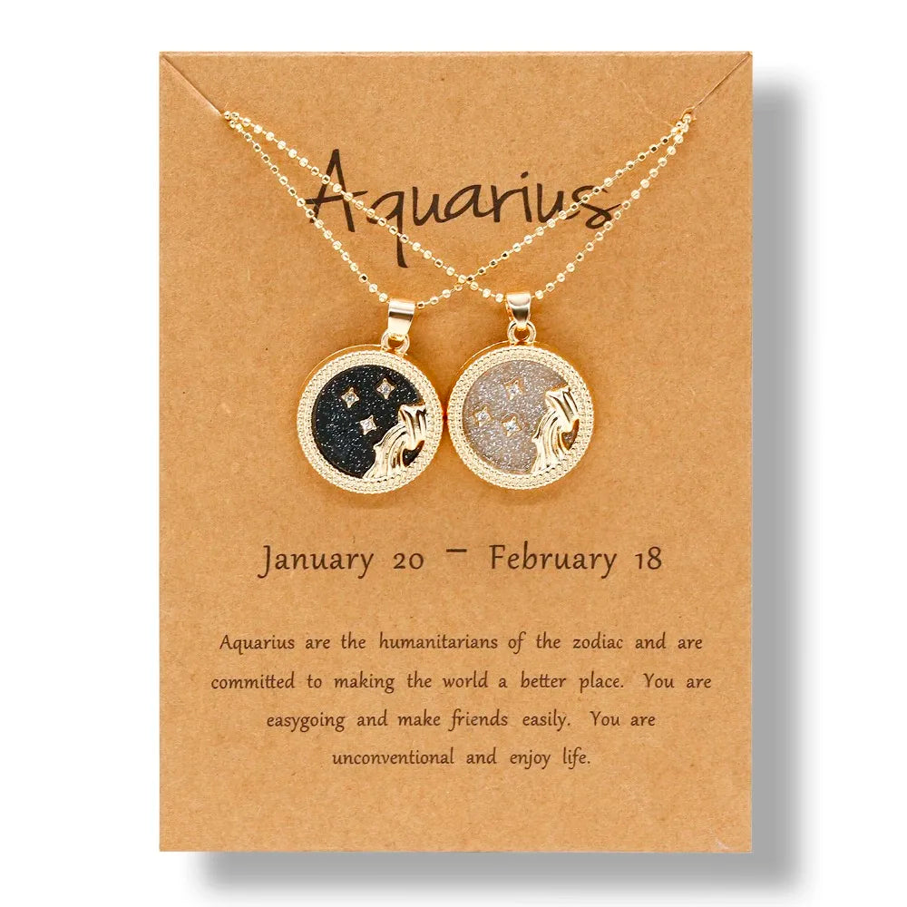 Fashion 12 Constellation Necklace For Women Men Gold Color Chain Zodiac Sign Round Pendant Necklace Couple Jewelry Birthday Gift