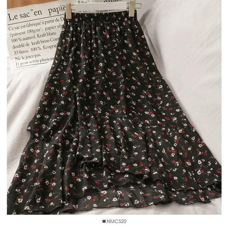 Skirts Women High Waist All-match Fashion Elegant Female Chiffon Flower Lovely Irregular Hem Ruffles Chic Streetwear Leisure - AIAZ