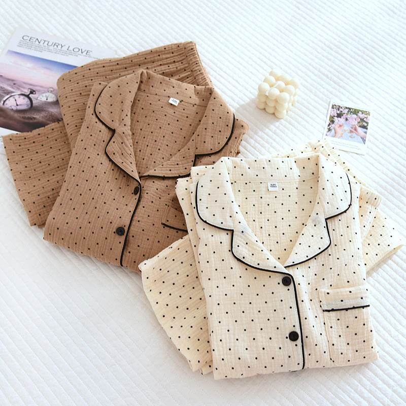 2025 Spring and Autumn New Women's Pajama Set 100%cotton crepe long-sleeved trousers two-piece polka dot cute home wear thin set - AIAZ