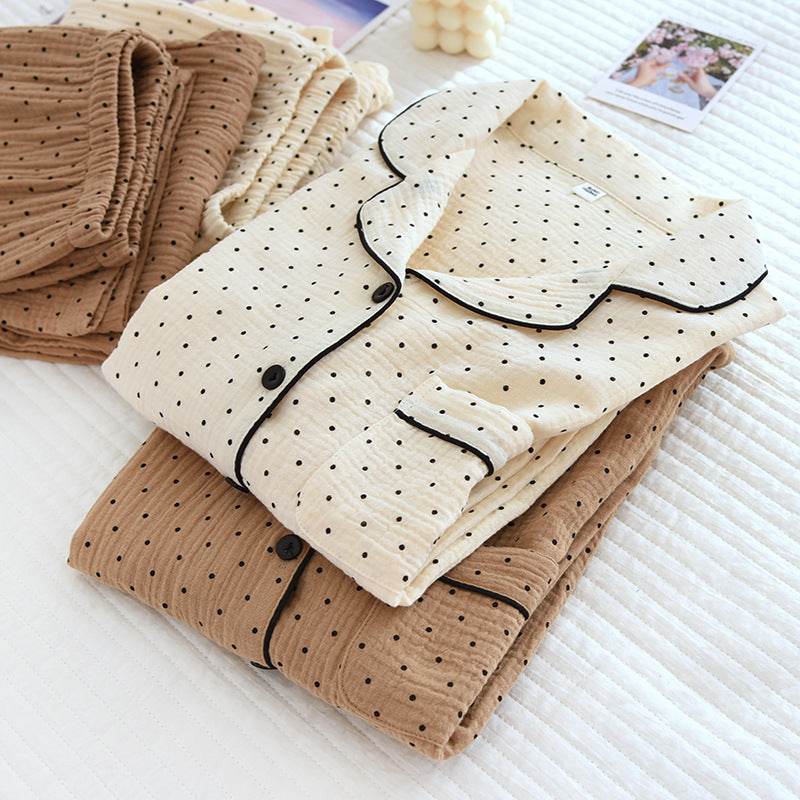 2025 Spring and Autumn New Women's Pajama Set 100%cotton crepe long-sleeved trousers two-piece polka dot cute home wear thin set - AIAZ