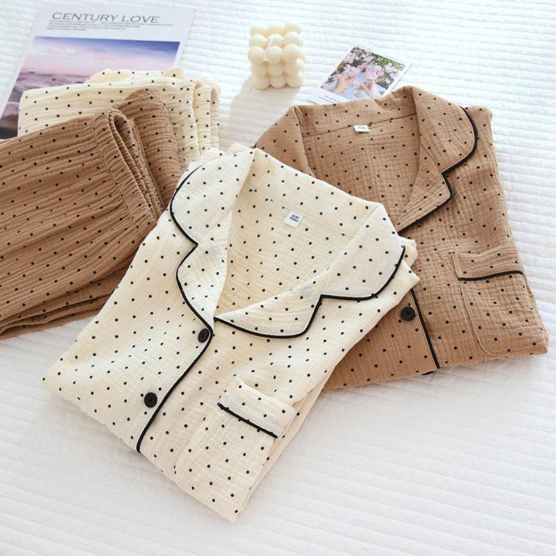 2025 Spring and Autumn New Women's Pajama Set 100%cotton crepe long-sleeved trousers two-piece polka dot cute home wear thin set - AIAZ