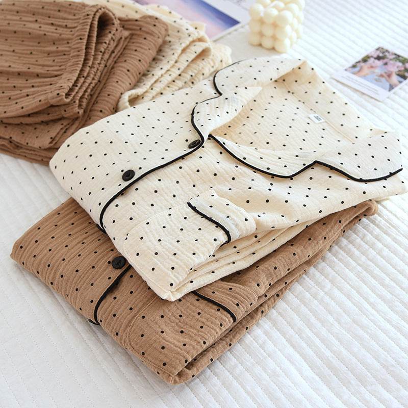 2025 Spring and Autumn New Women's Pajama Set 100%cotton crepe long-sleeved trousers two-piece polka dot cute home wear thin set - AIAZ
