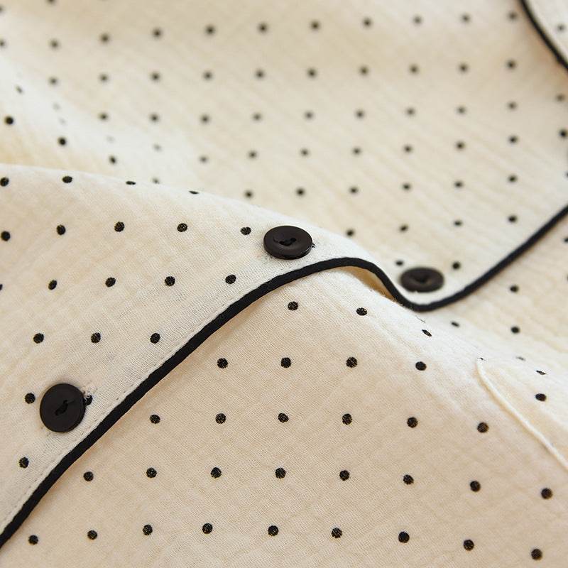 2025 Spring and Autumn New Women's Pajama Set 100%cotton crepe long-sleeved trousers two-piece polka dot cute home wear thin set - AIAZ