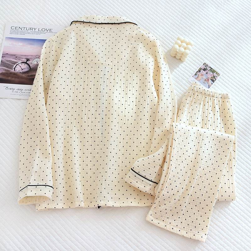 2025 Spring and Autumn New Women's Pajama Set 100%cotton crepe long-sleeved trousers two-piece polka dot cute home wear thin set - AIAZ
