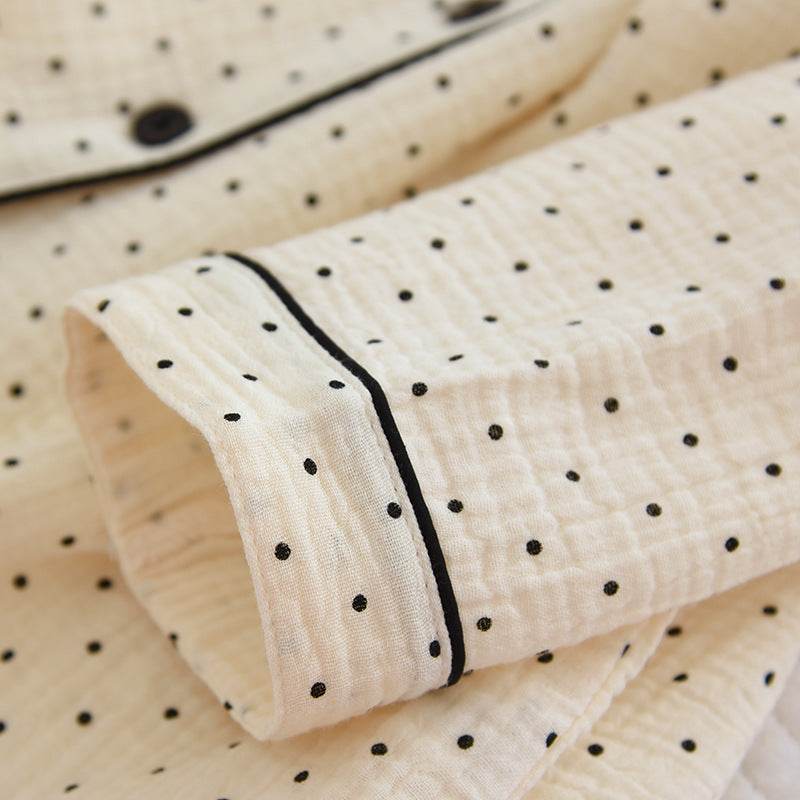 2025 Spring and Autumn New Women's Pajama Set 100%cotton crepe long-sleeved trousers two-piece polka dot cute home wear thin set - AIAZ