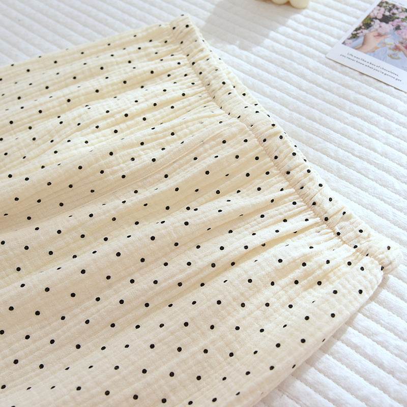 2025 Spring and Autumn New Women's Pajama Set 100%cotton crepe long-sleeved trousers two-piece polka dot cute home wear thin set - AIAZ