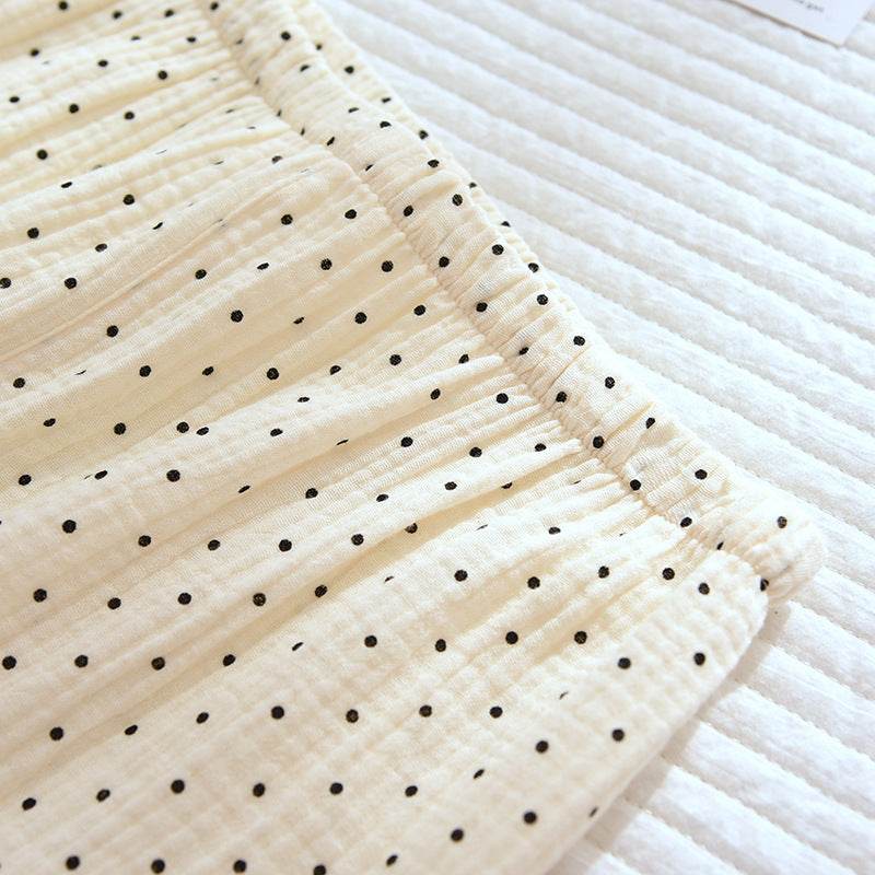 2025 Spring and Autumn New Women's Pajama Set 100%cotton crepe long-sleeved trousers two-piece polka dot cute home wear thin set - AIAZ