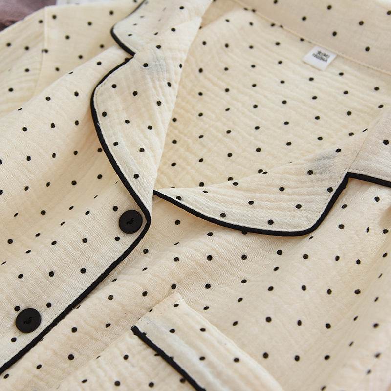 2025 Spring and Autumn New Women's Pajama Set 100%cotton crepe long-sleeved trousers two-piece polka dot cute home wear thin set - AIAZ