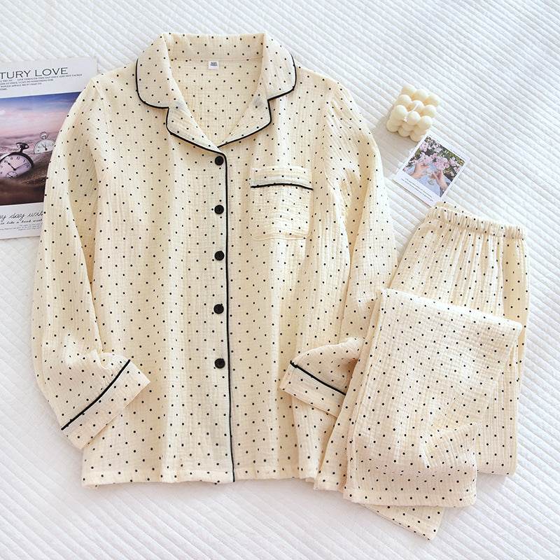 2025 Spring and Autumn New Women's Pajama Set 100%cotton crepe long-sleeved trousers two-piece polka dot cute home wear thin set - AIAZ