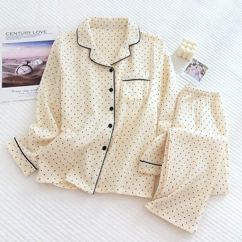 2025 Spring and Autumn New Women's Pajama Set 100%cotton crepe long-sleeved trousers two-piece polka dot cute home wear thin set - AIAZ