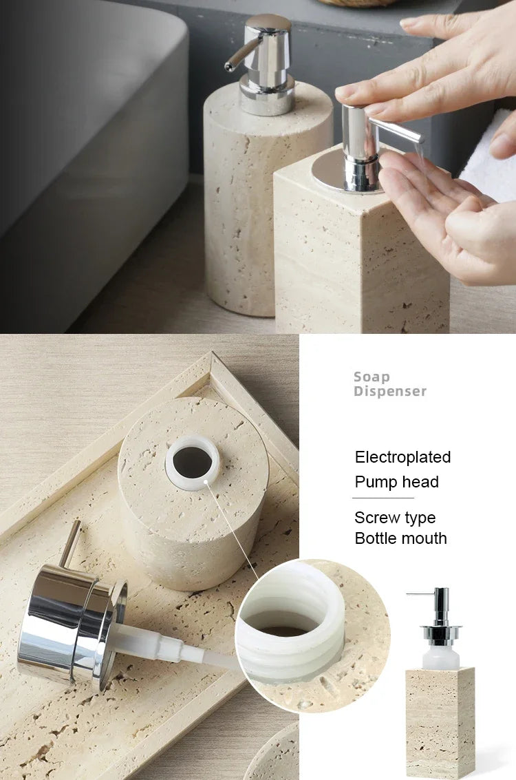 Beige Travertine Bathroom Accessories Set Natural Marble Soap Dispenser Soap Dish Reed Diffuser Vanity Tray Bathroom Set
