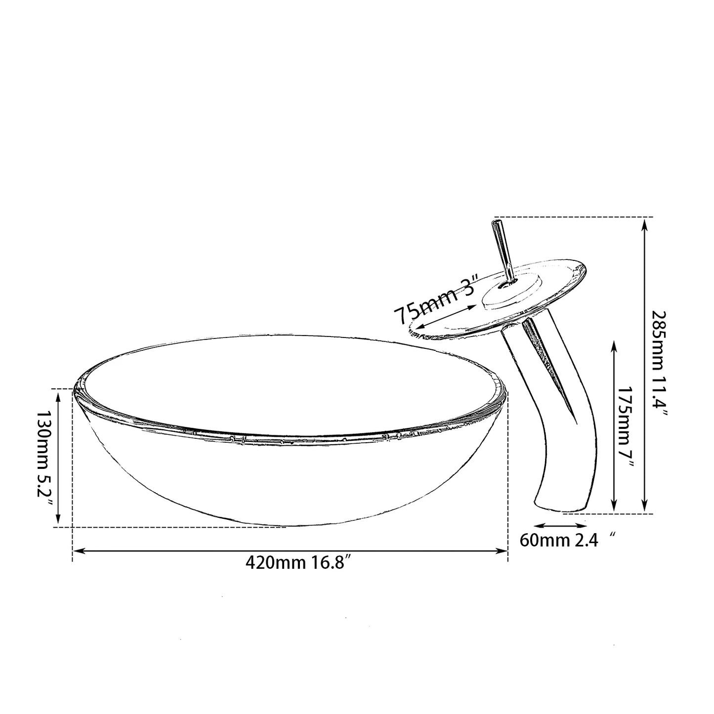 ZAPPO Tempered Glass Bathroom Vessel Sink with Waterfall Black Faucet Tap Bathroom Oval Blue Vessel Sinks Above Counter Basin
