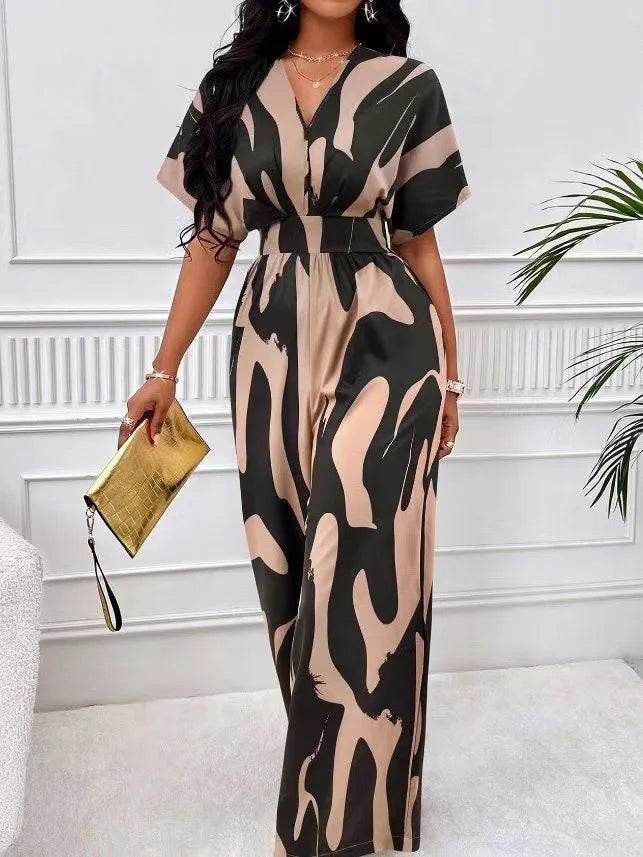 Women Fashion Jumpsuit Short Sleeved High Waist Sexy V-neck Print Wide Leg Long Pants Jumpsuits Summer New Casual Women Clothes - AIAZ