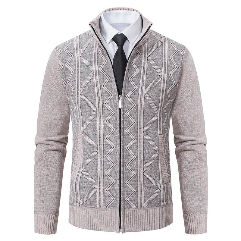 Thickened jacket men's autumn and winter warm trend line stand collar knitted cardigan sweater coat - AIAZ