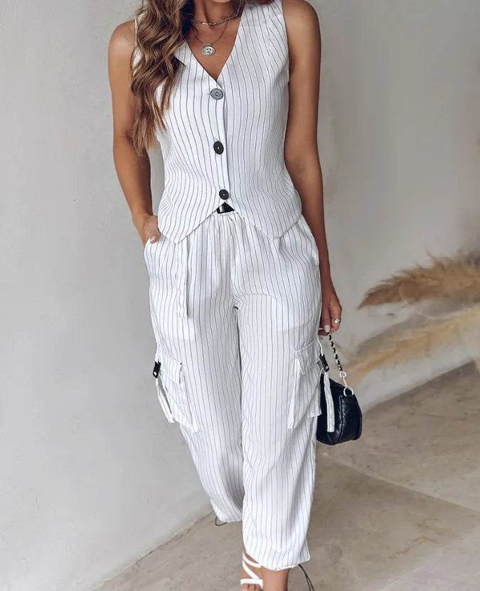 White Striped Vest Suit For Women Summer Casual V-neck Button Top Pocket Loose Pants Outfits Two-piece Suit For Women Elegant - AIAZ