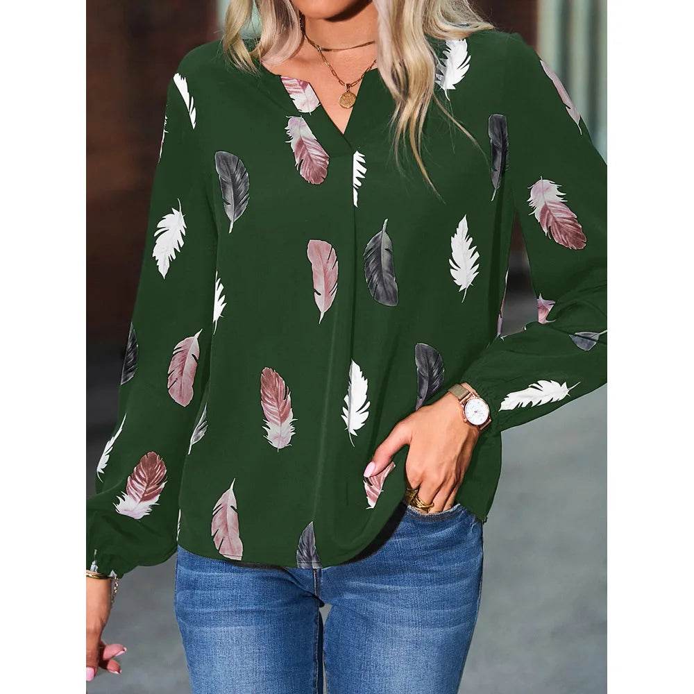 Fashion Woman Blouse Shirts For Women Stylish Top long Sleeve Feather Pattern Female Tops Elegant Chiffon Mujer Woman Clothes - AIAZ