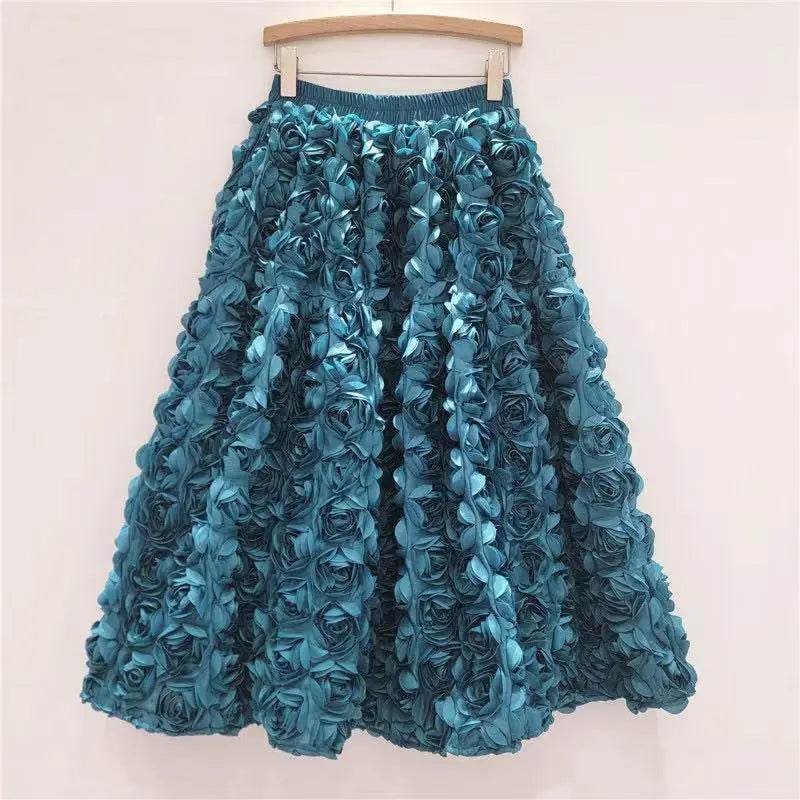 Skirt for Women 2025 Summer Versatile Three Dimensional Flower Mid-calf Skirt High Waist Big Swing Fashion A-line Long Skirts - AIAZ