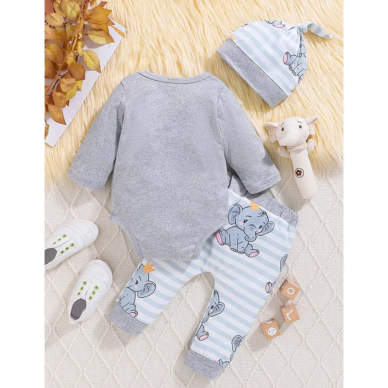 Citgeett Autumn Infant Baby Boys Girls Fall Outfits Long Sleeve Print Romper + Pants + Hat Set Spring Clothes